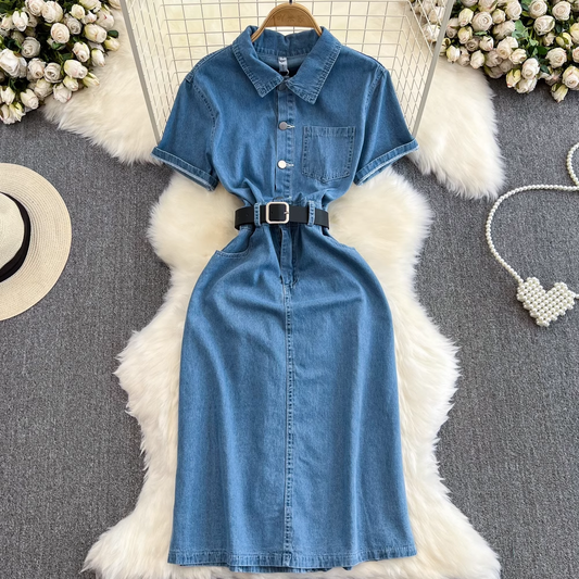 Short-sleeve lapel mid-length a-line denim dress YM296