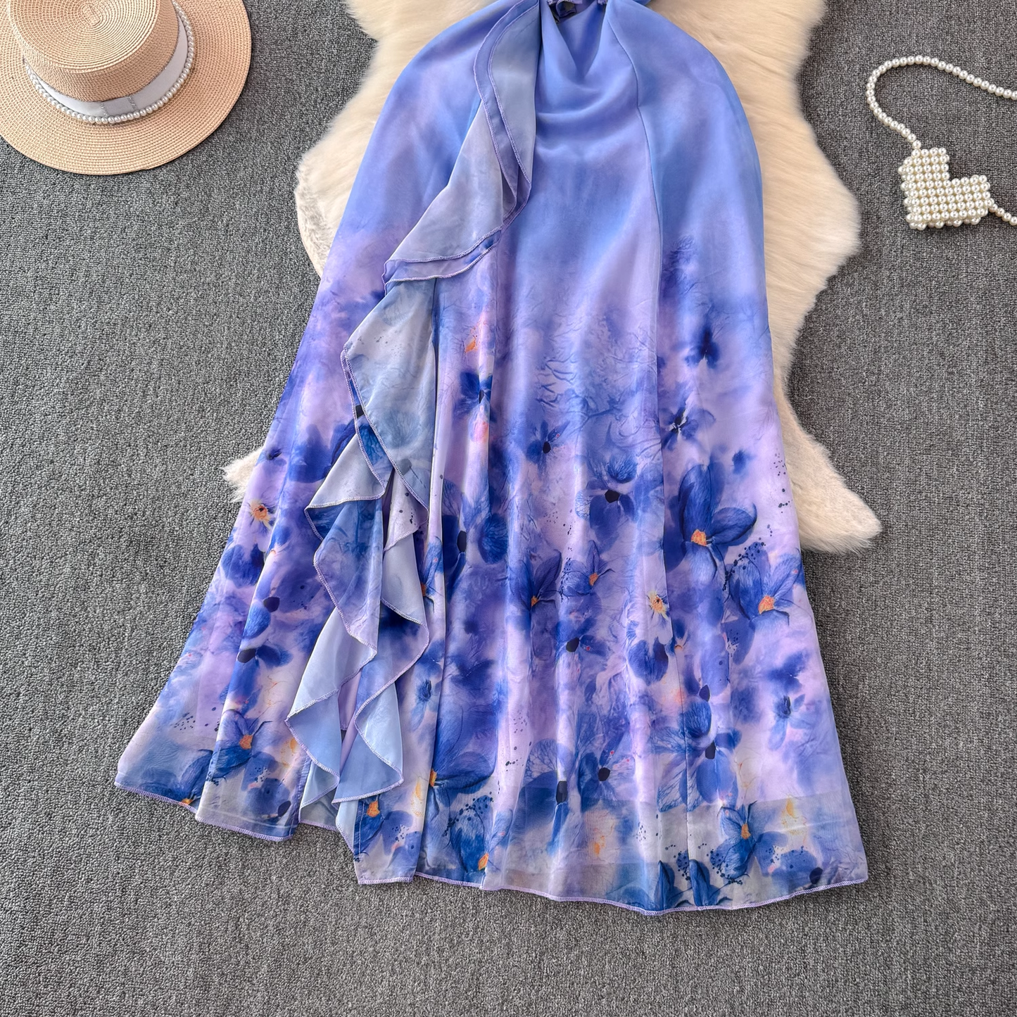 Ruffled patchwork slit oil painting print vacation Dress YM1057