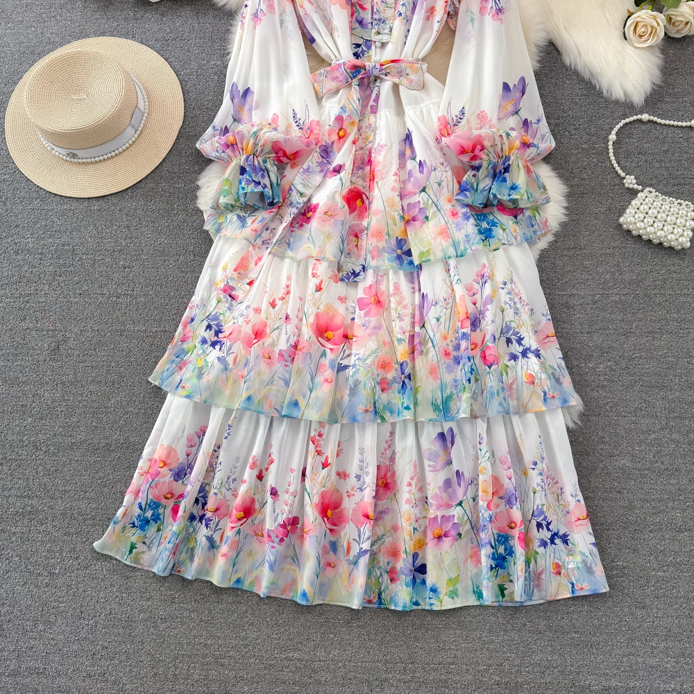 Lantern long sleeve bow a line print dress YM1010