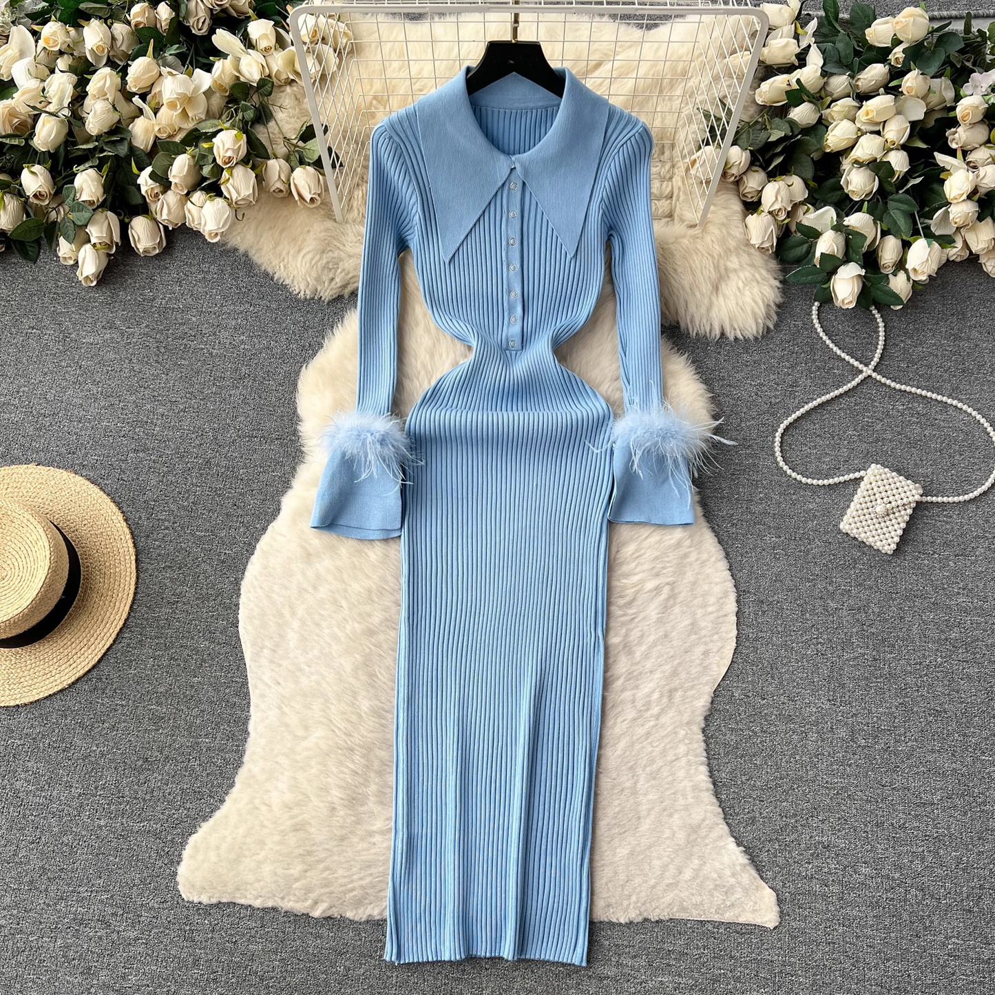 Women's autumn and winter lapel feather tight knitted dress YM499