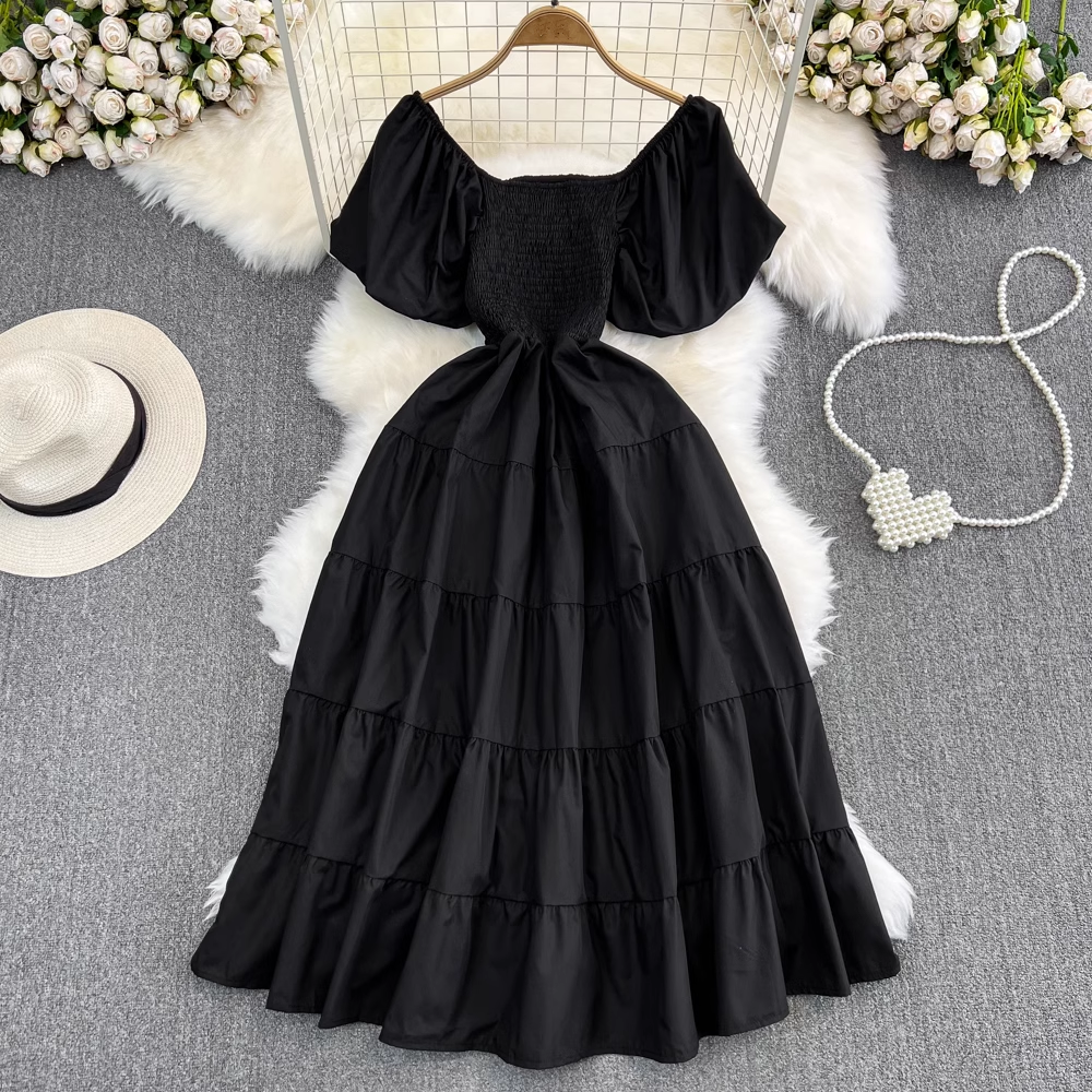 Bubble Short Sleeve Square Neck A-Line Dress Seaside Holiday Swing Long Dress , YM277