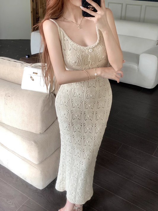 Hollow Knitted Suspender Dress Sexy Slit Long Dress YM1831