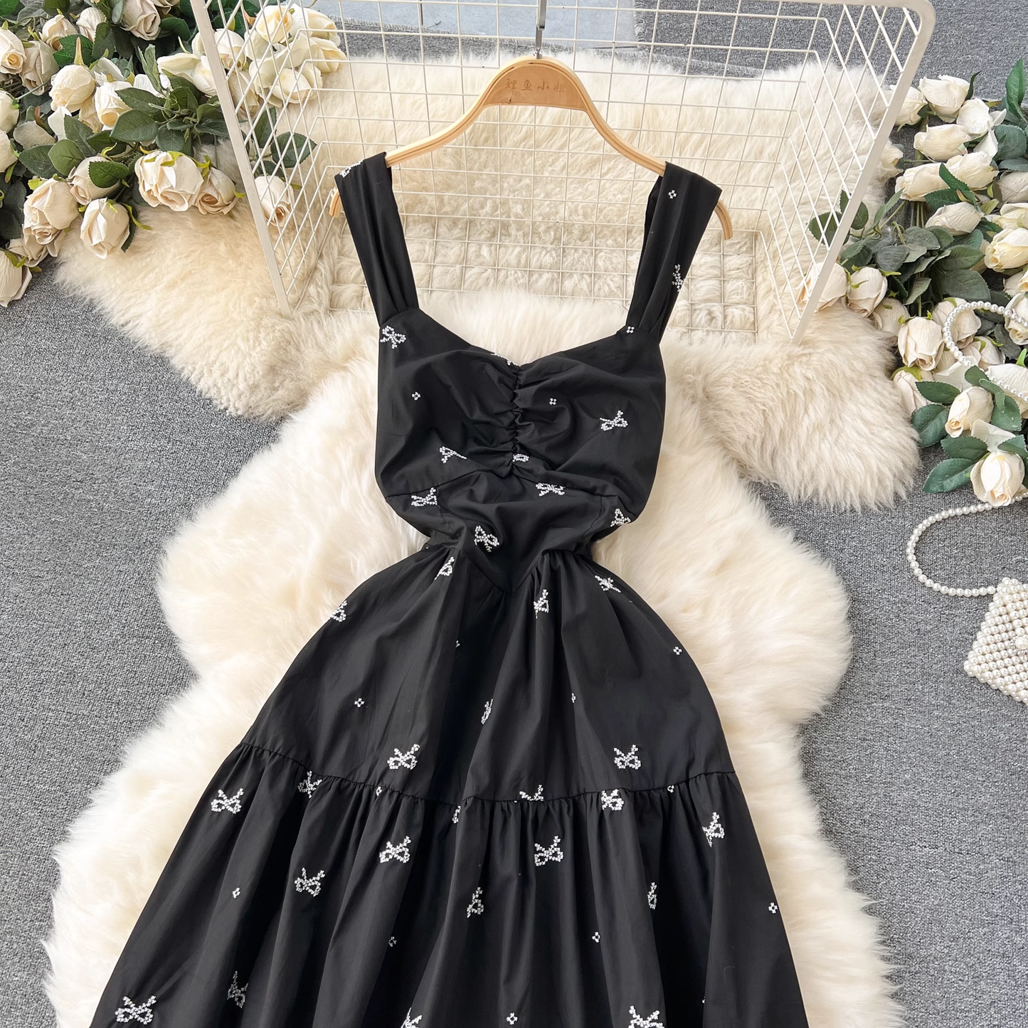 Embroidered bow tie mid-length resort style suspender dress  YM1203