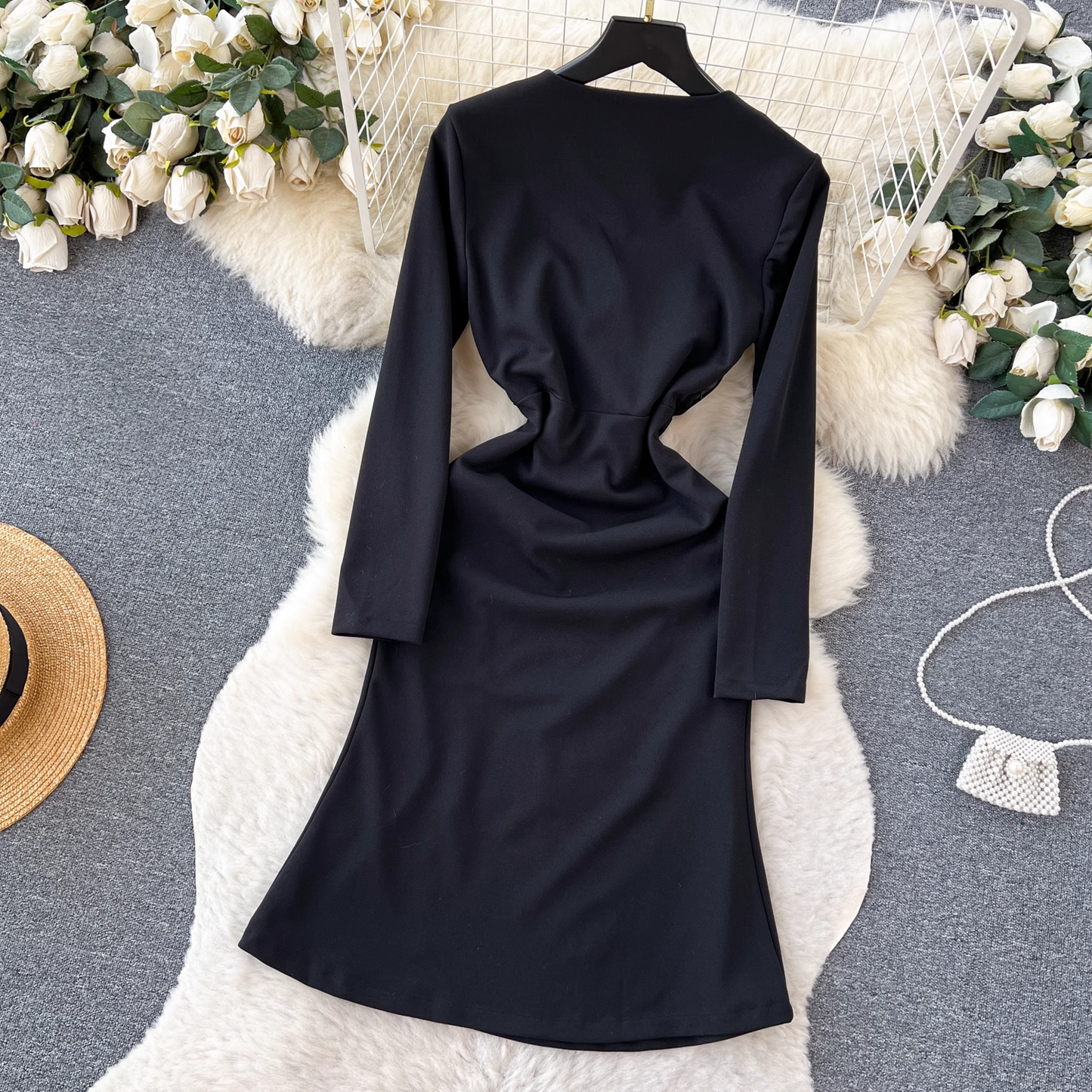 Long sleeve V-neck slit black dress  YM800