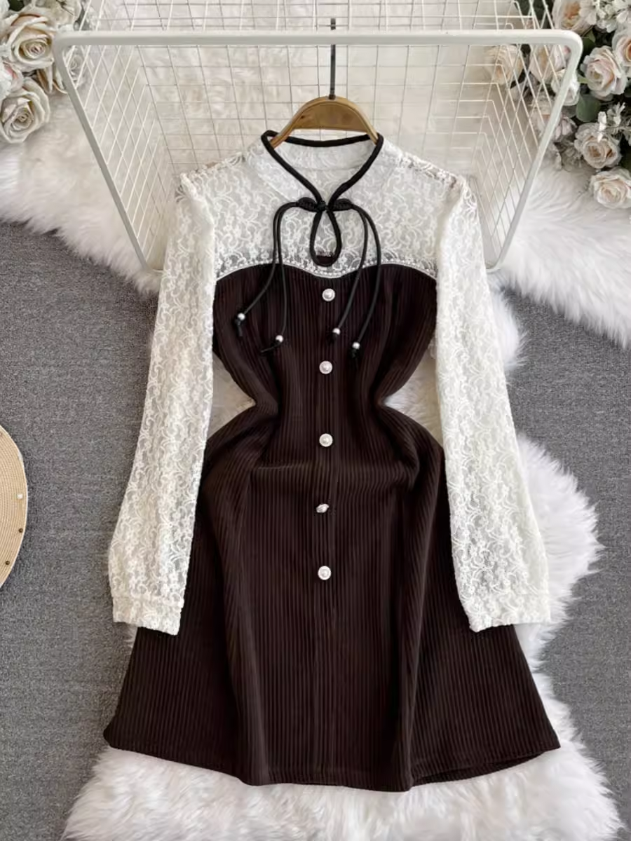 Long-sleeved stand-collar lace paneled A-line corduroy dress YM995