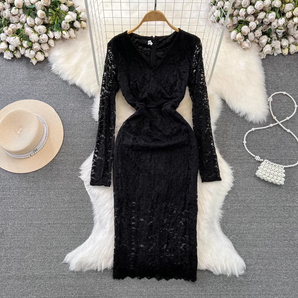 Women's long-sleeved V-neck mid-length lace dress YM847