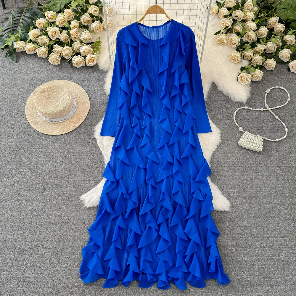 Long sleeve round neck A-line flanged dress elegant long skirt YM1011