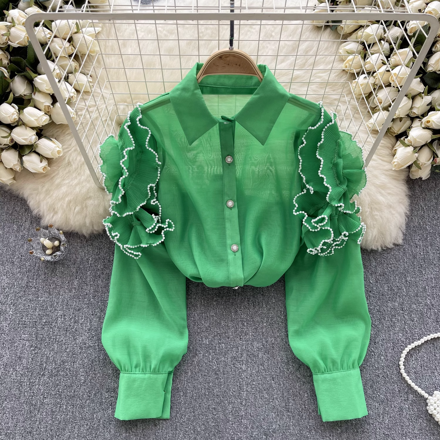 women's summer three-dimensional flower long sleeve mesh blouses YM353