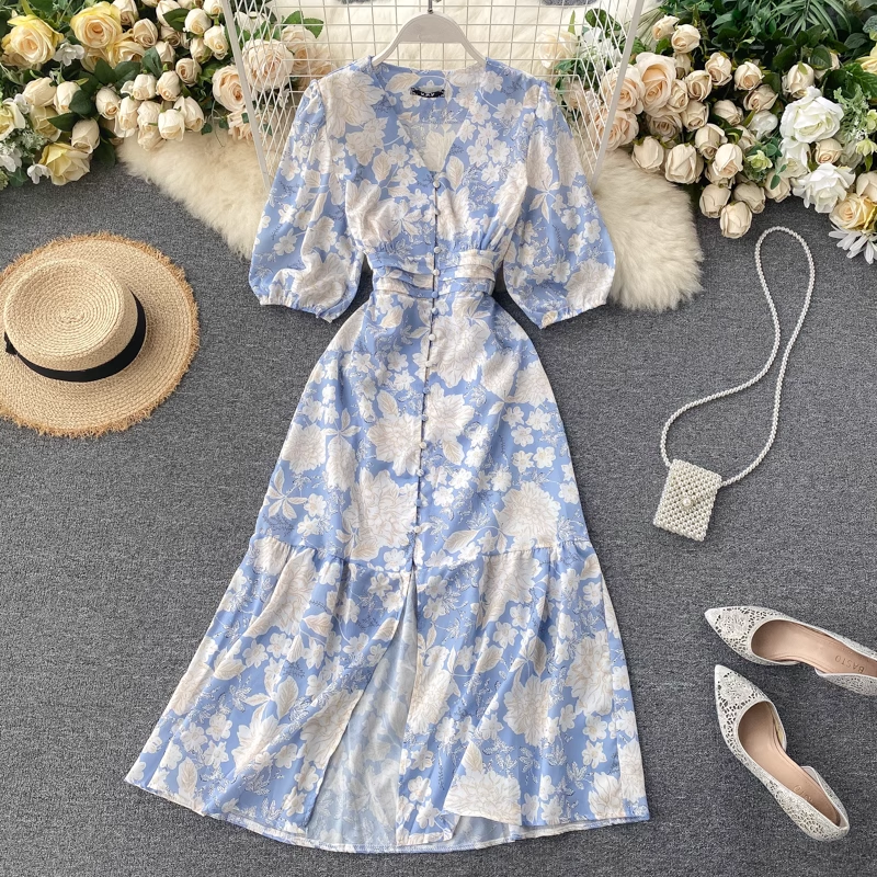 Printed Sexy V-Neck Slit Dress YM1572