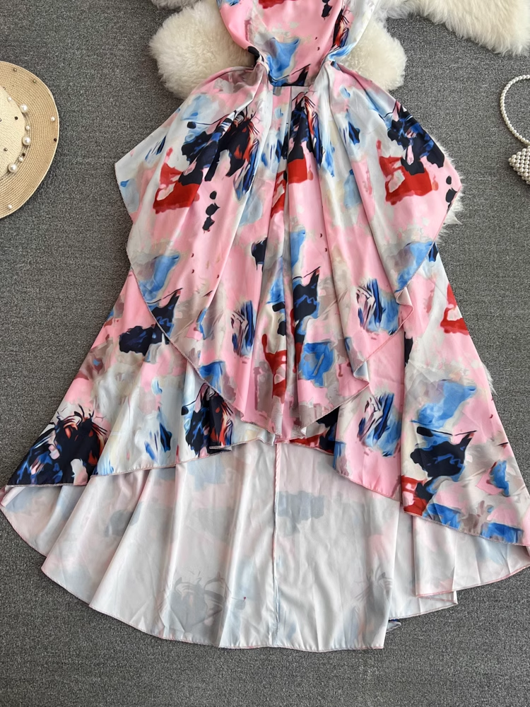 women's summer retro printed suspender dress YM1421