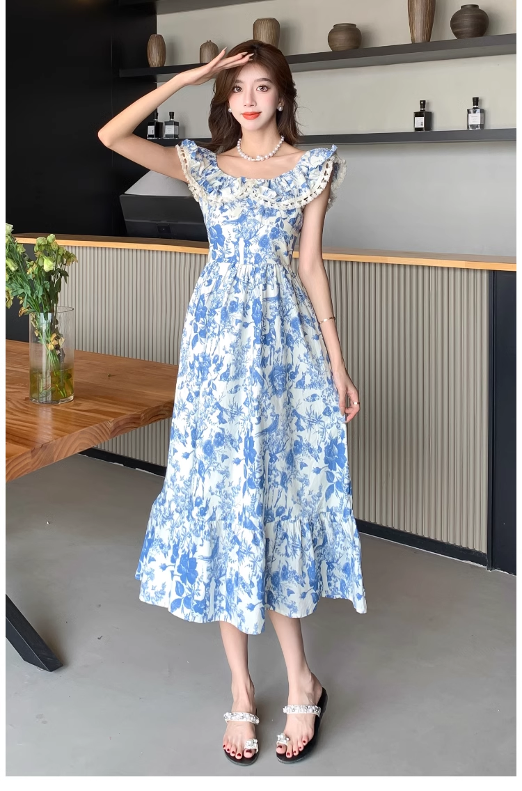 Women's summer blue oil painting floral dress YM1159