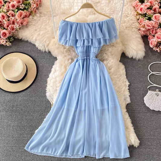 Off-the-shoulder one-shoulder ruffled chiffon dress , YM197