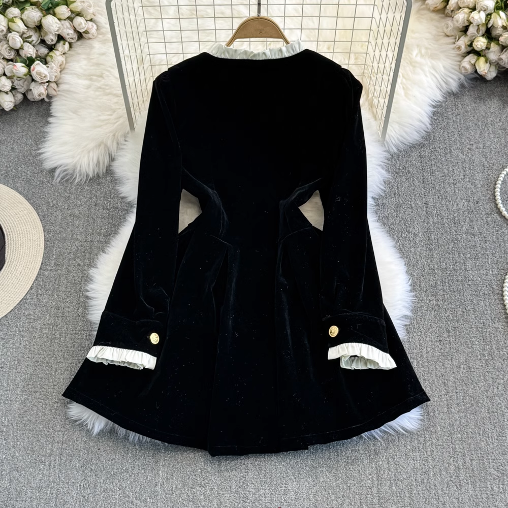 Autumn and winter fashionable long-sleeved stand-collar mid-length a-line velvet dress YM906