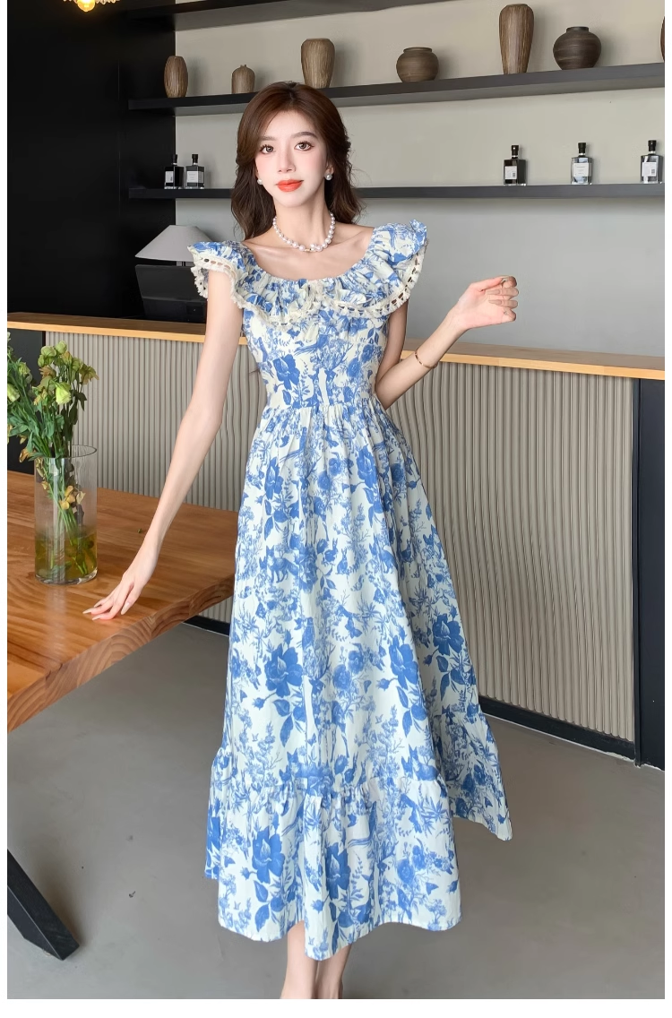 Women's summer blue oil painting floral dress YM1159