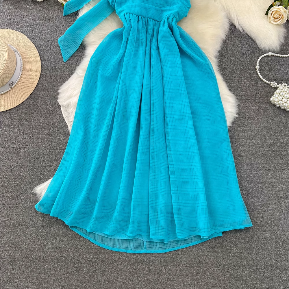 Deep V-neck mid-length sleeveless a-line dress  YM984