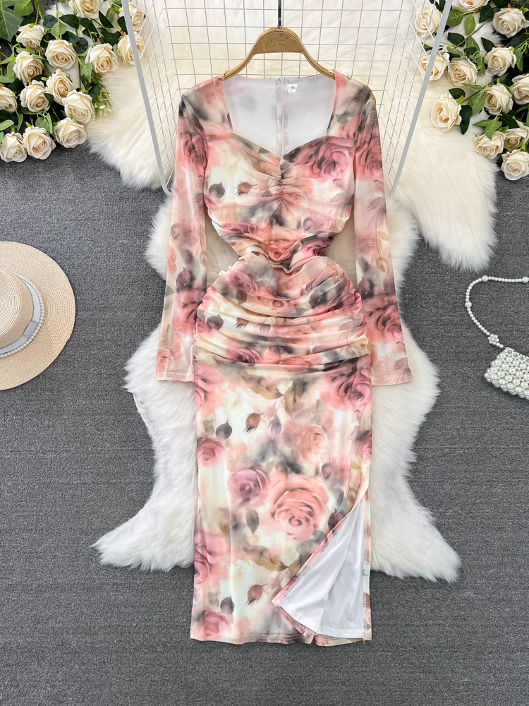 Long-sleeve padded square-neck mid-length slit  printed dress YM883