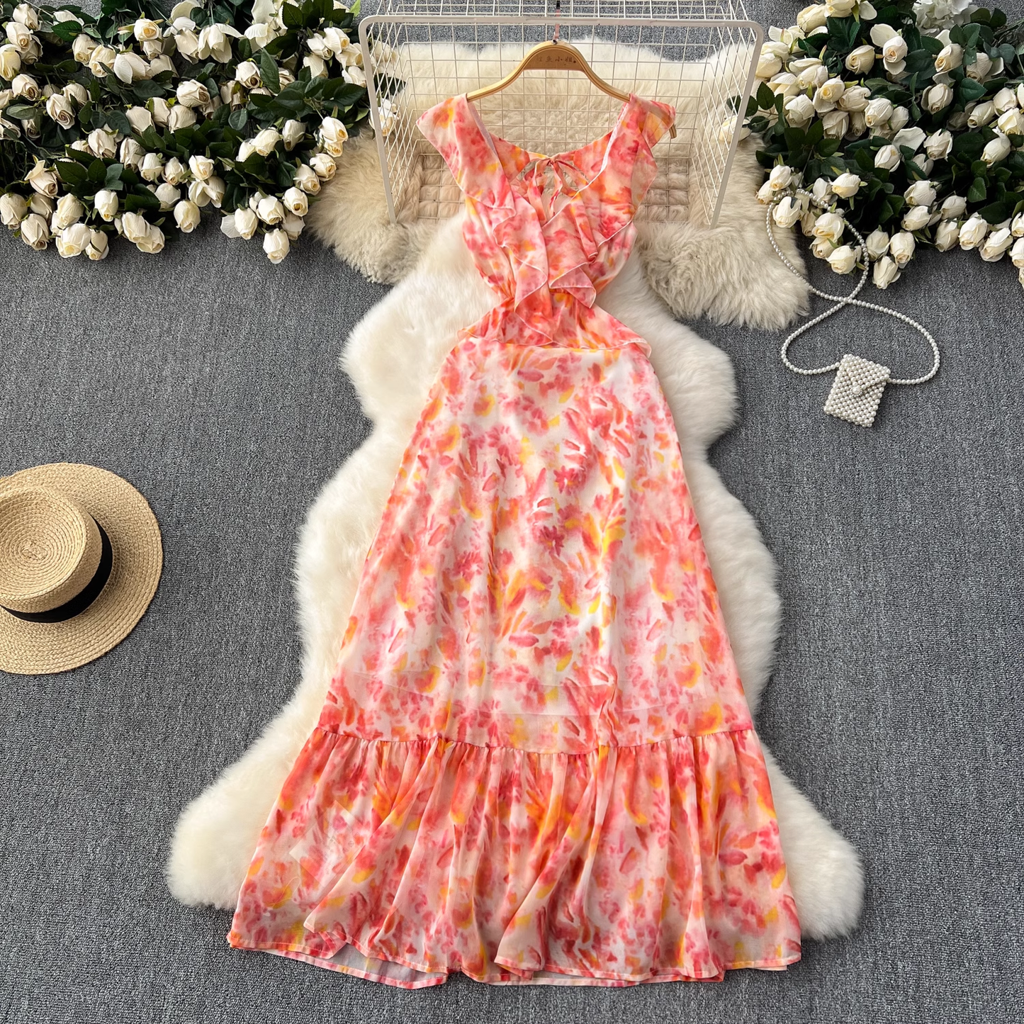 Sexy hollow backless floral chiffon vacation dress YM1083