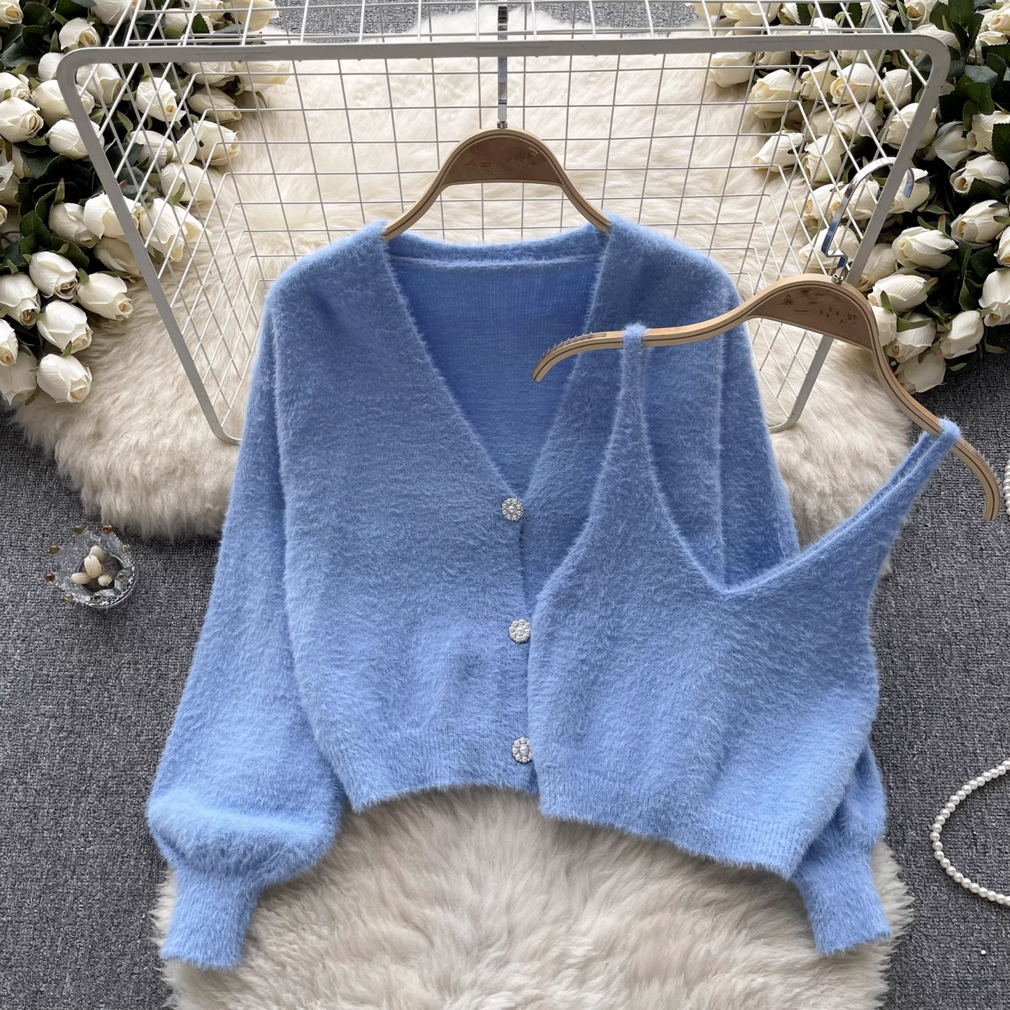 Fashion plush suit autumn and winter short camisole + cardigan jacket sweater suit YM538