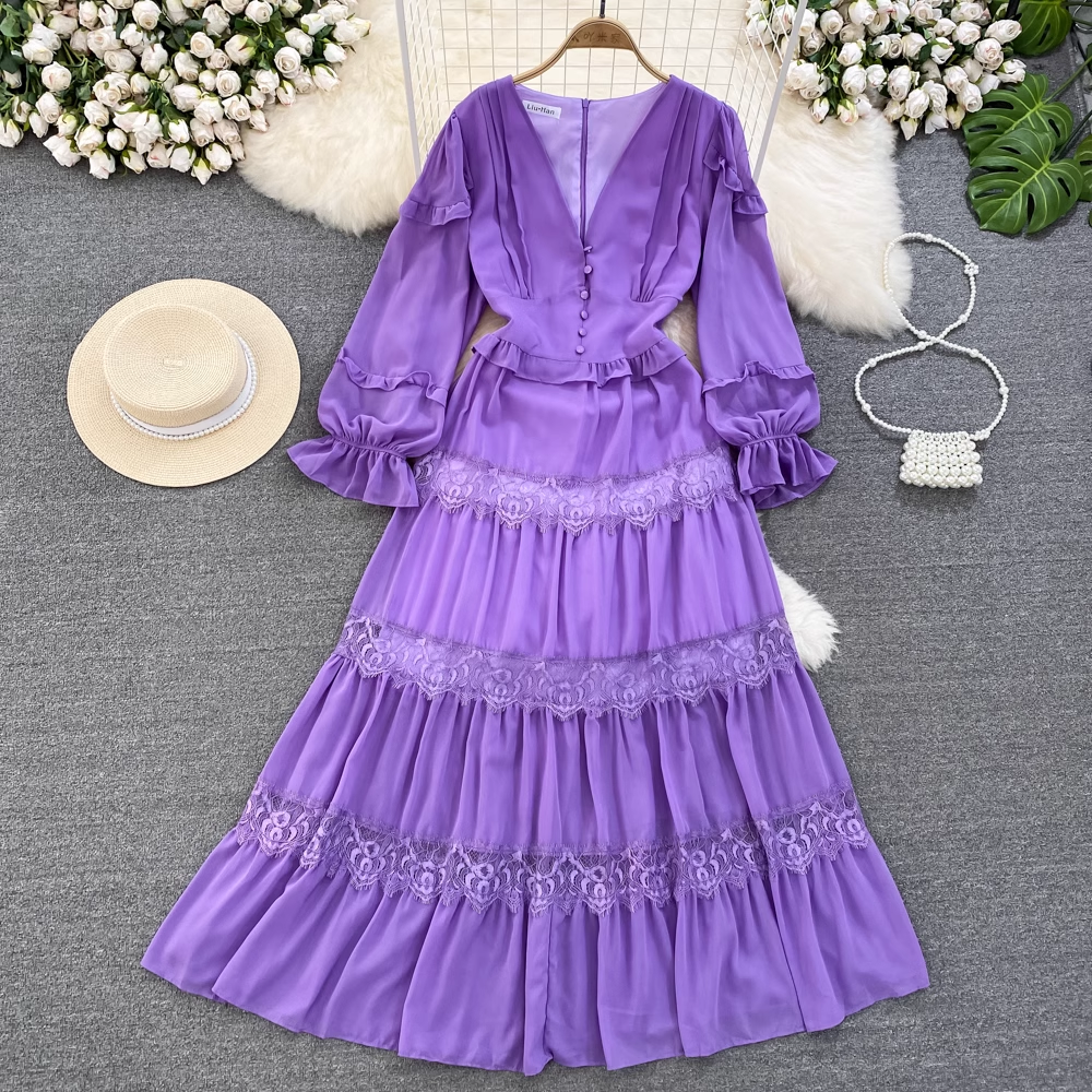 Lantern long-sleeved V-neck lace stitching chiffon dress seaside holiday dress, YM269