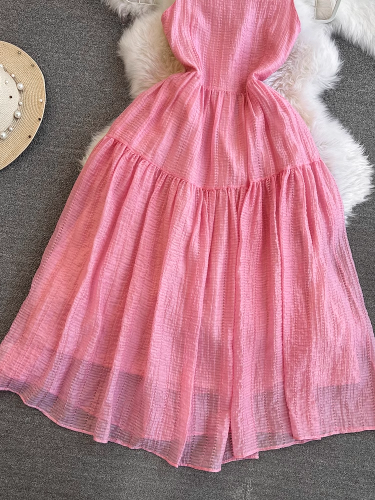 Pink a-line dress seaside vacation long dress YM1023