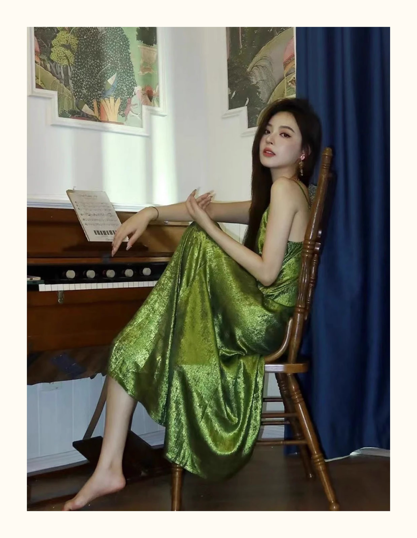 Green V-neck suspender dress YM1482