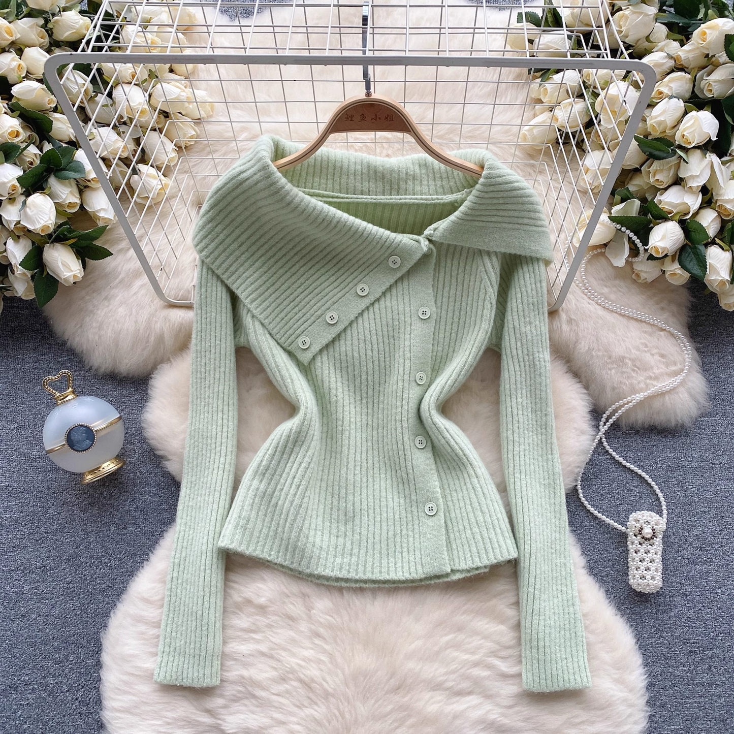 Solid Color Knitted Sweater Women's Autumn and Winter Irregular Design YM637