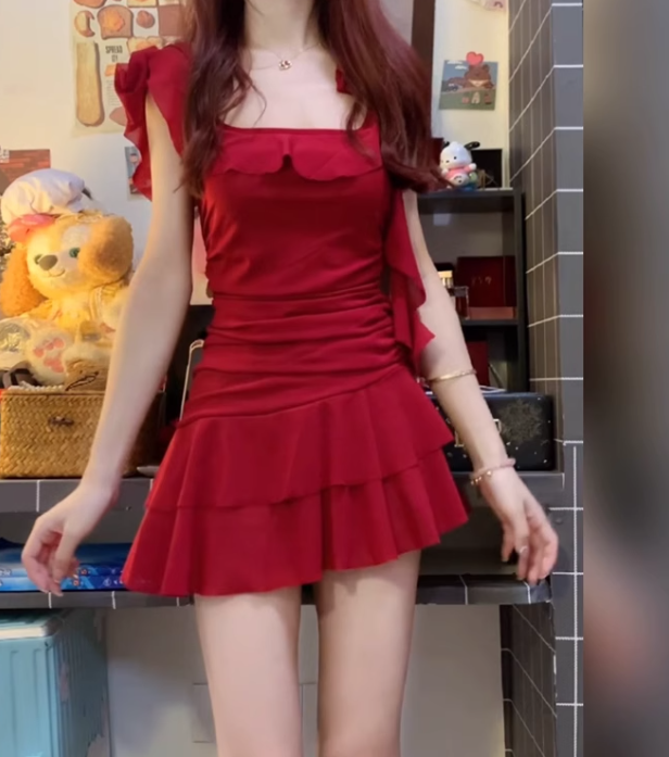 Red Dress For Women New Irregular Ruffled Short Dress YM1801