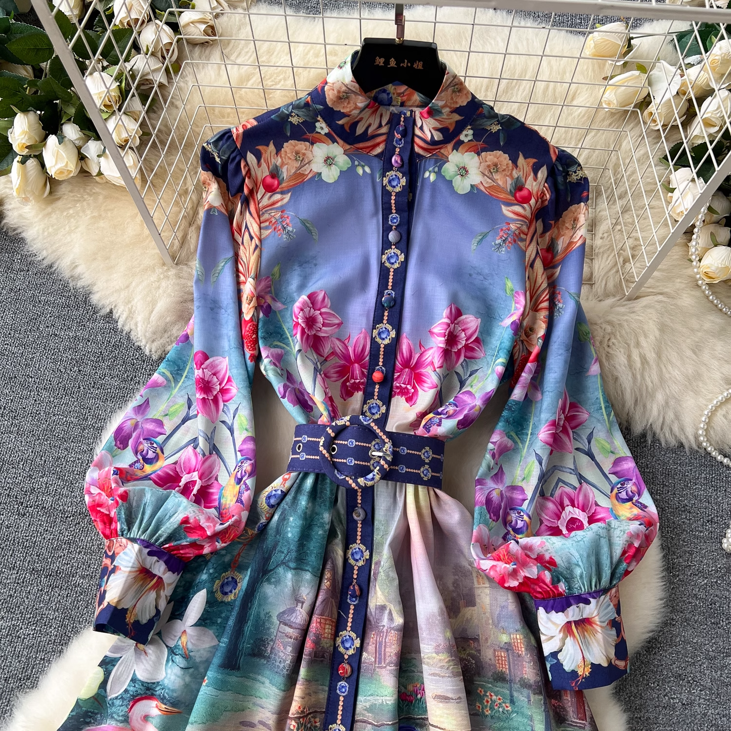 Retro French mid-length lantern long-sleeve printed dress YM1095