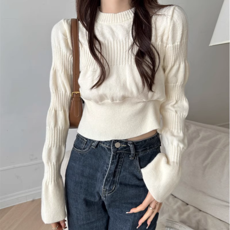 Women's fall knitted bottoming shirt with puff sleeves YM495