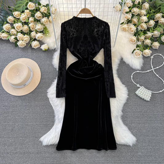 Black mid-length a-line velvet dress YM981