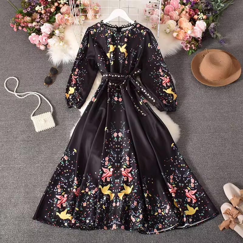 Chiffon floral long skirt puff sleeve dress YM531