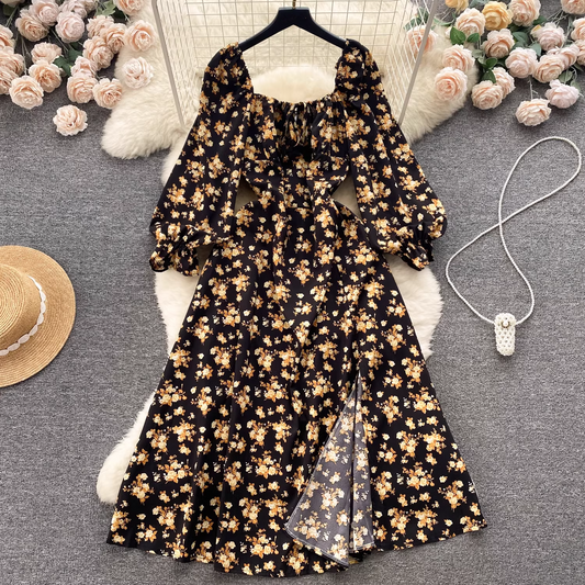 Floral Square Neck Puff Sleeve Dress YM397