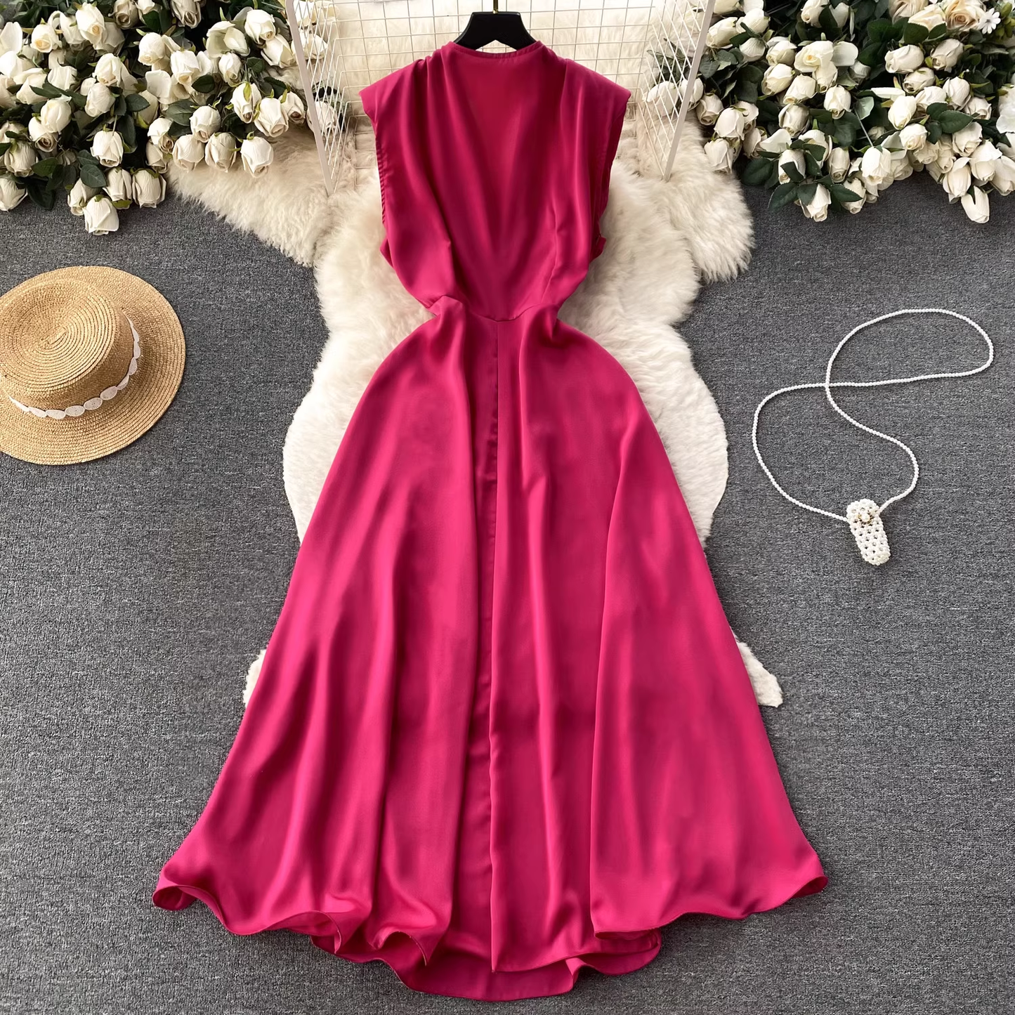 V-neck pleated waist hollow dress women summer dress ,YM159