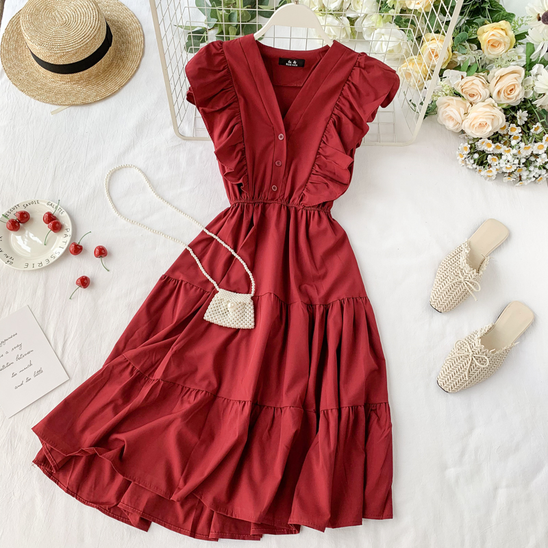 Vintage V-neck ruffled sleeveless Summer Dress, YM86