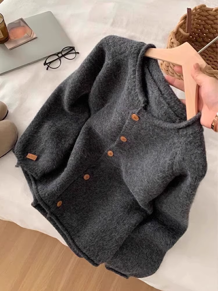 Dark Grey Crewneck Rolled Hem Knit Cardigan YM1877