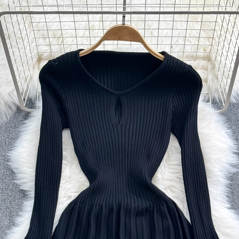 Flared long-sleeve A-line pleated knit dress YM964