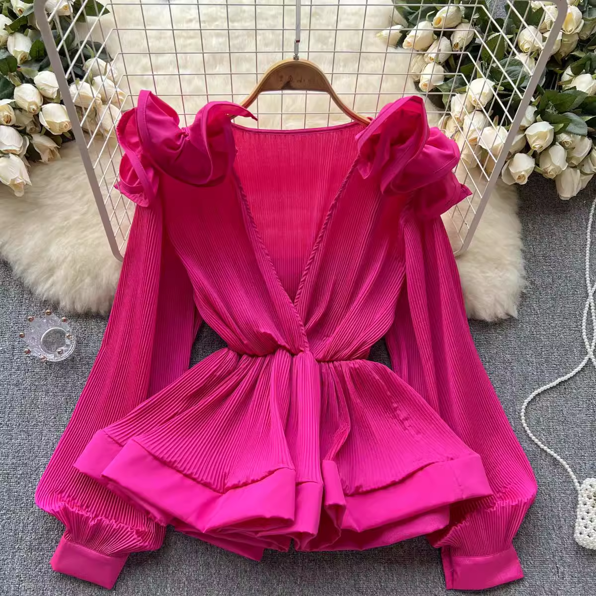 Three-dimensional flower ruffled pleated V-neck pullover blouses for women,YM145