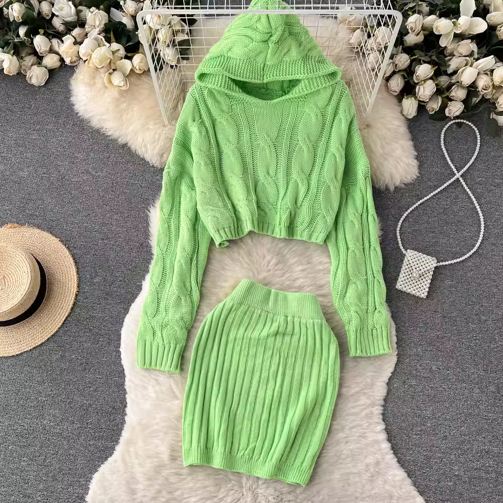 chic twist turtleneck short hooded sweater +short skirt two piece set YM620