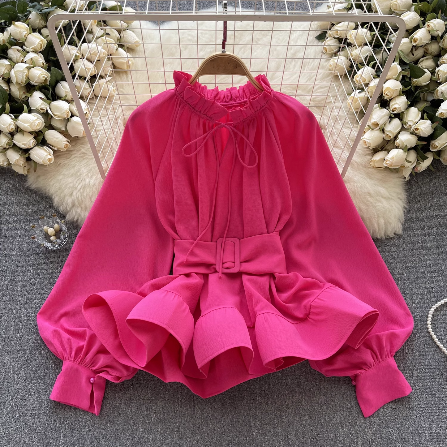 Retro court style waist tie with ruffle leaf edge blouses female niche chic long sleeves YM399