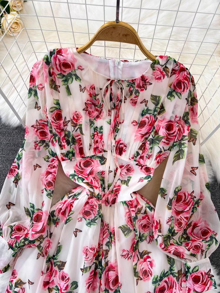 Long-sleeve round neck A-line rose print chiffon maxi dress YM884