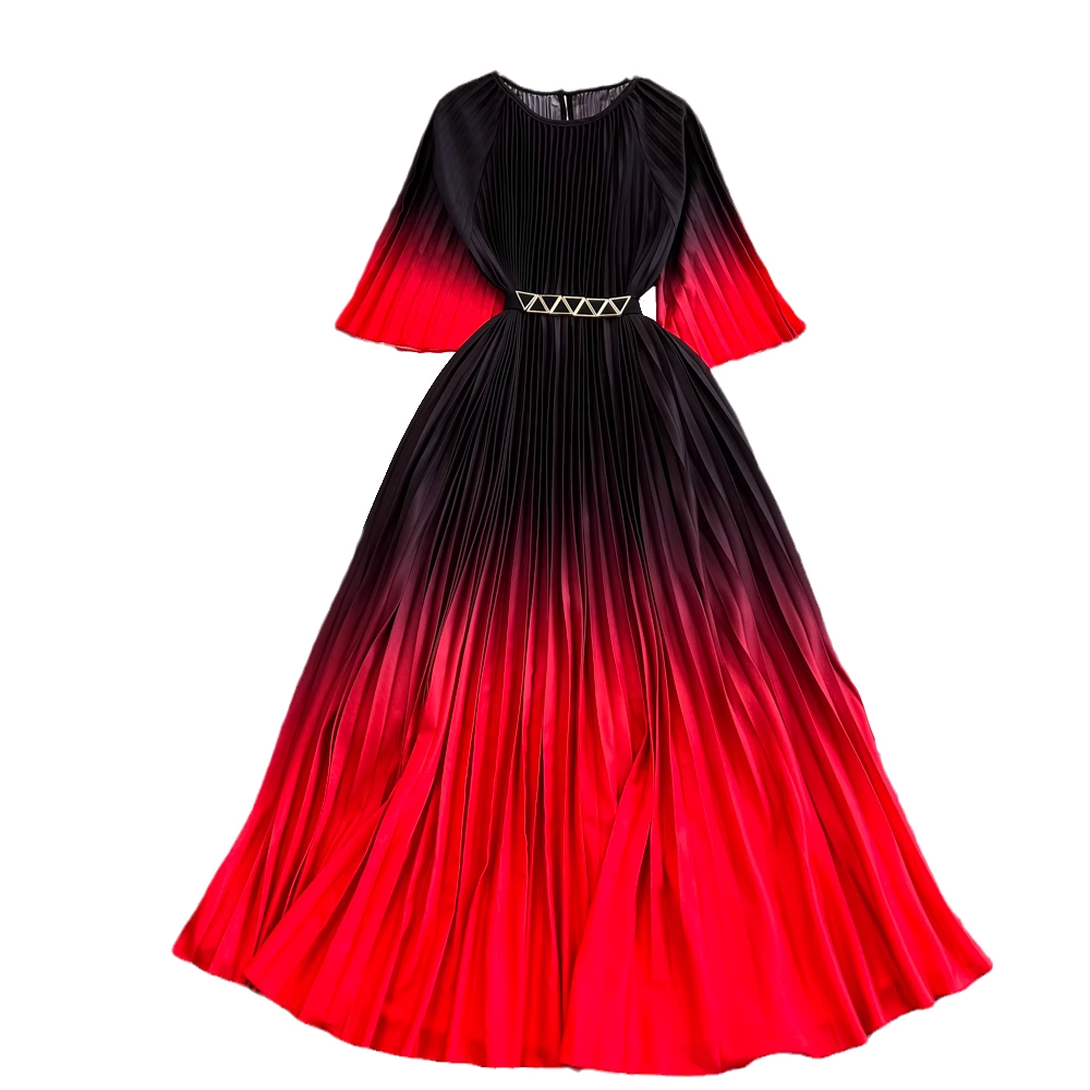 Five-quarter sleeve A-line large hem gradient pleated dress YM588