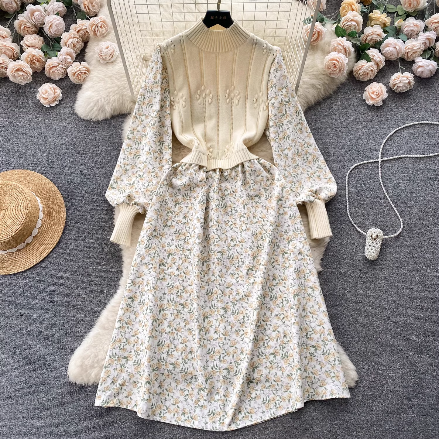 Retro knitted patchwork fake two-piece floral dress YM542