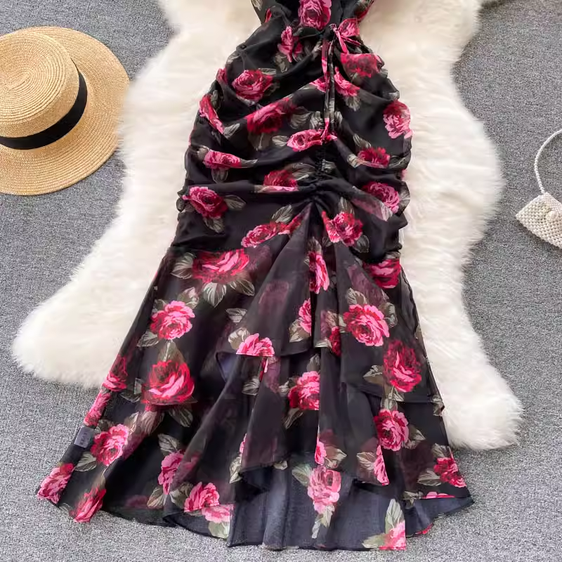 Chiffon print elegant ruffled mermaid dress YM1072