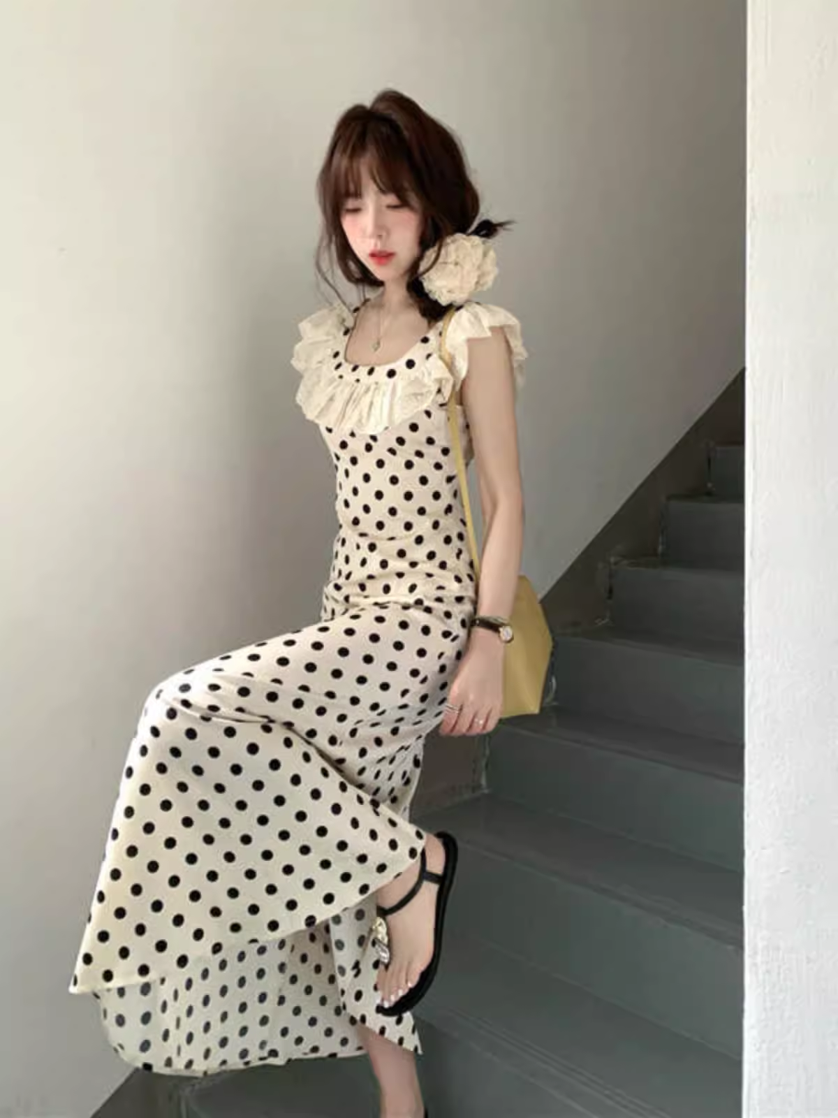 Women's summer square neck polka dot satin dress YM1538