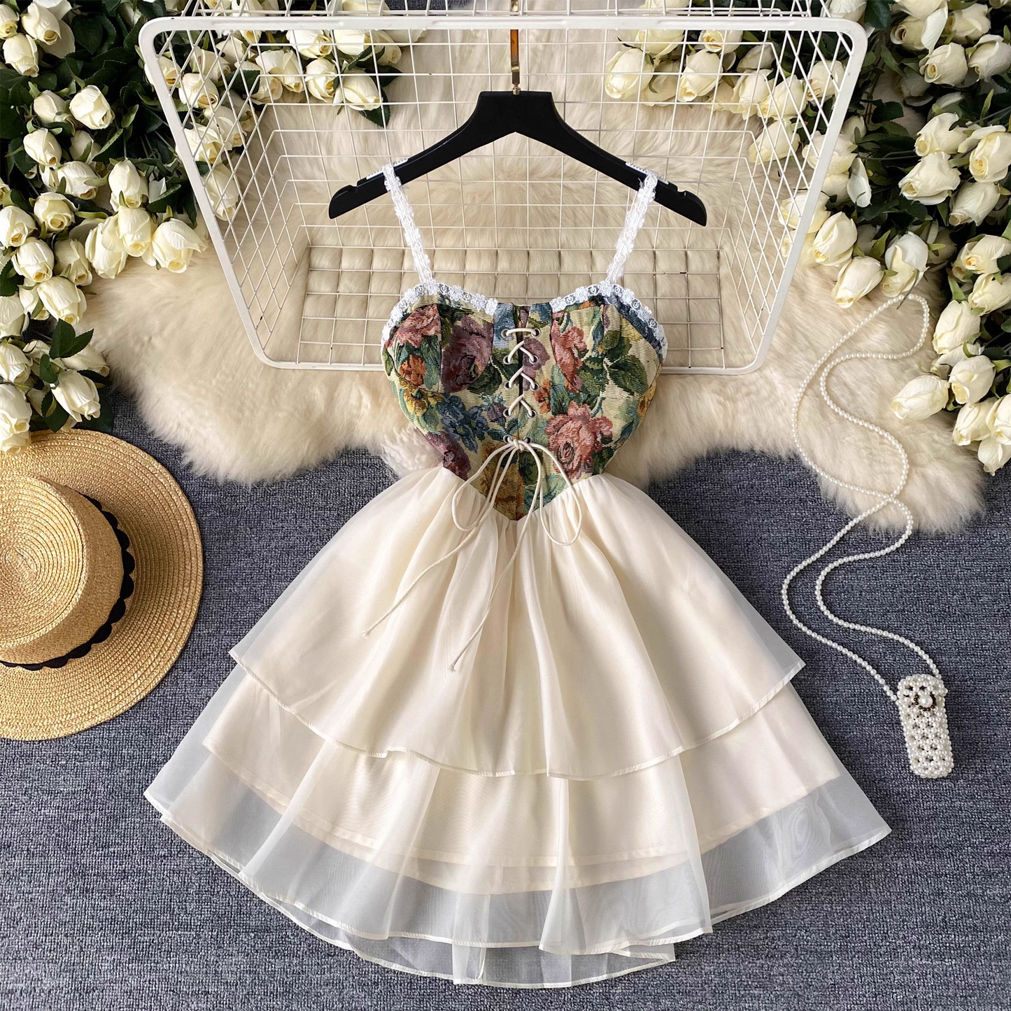 French retro style suspender dress for women summer rose embroidered straps YM1089