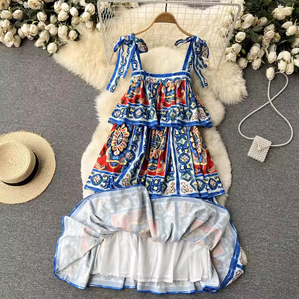 Printed Square Neck Slip Dress Summer Dress ,YM36