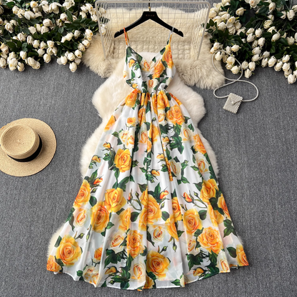 Summer new style French retro elegant printed suspender long dress   YM1106