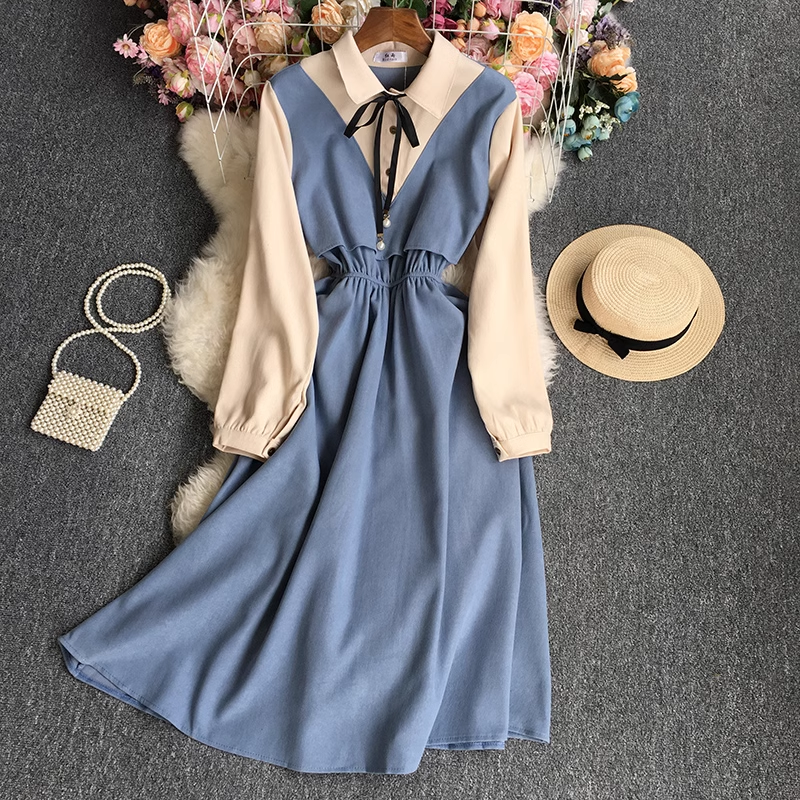 Fake two piece color block long sleeve dress YM530