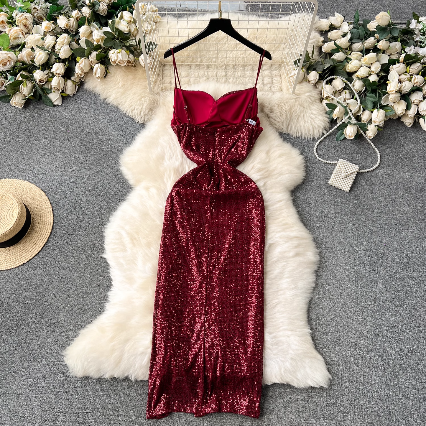 Burgundy Sequins Dress With Split  YM1237