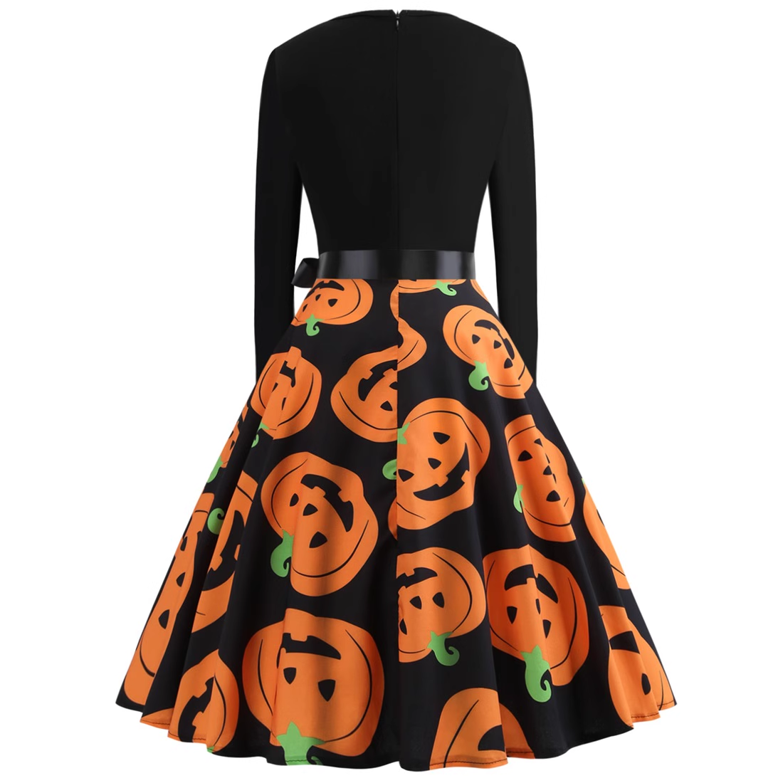 Halloween costume retro women's long-sleeved contrast black and pumpkin print dress YM686